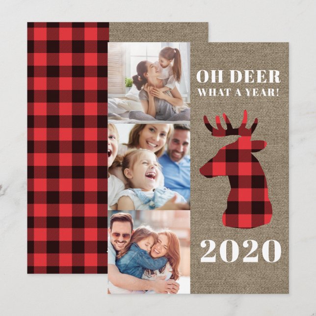 Rustic Oh Deer Plaid Photo Collage Holiday Card (Front/Back)
