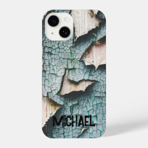 Rustic old blue green paint wood Custom name iPhone 14 Case