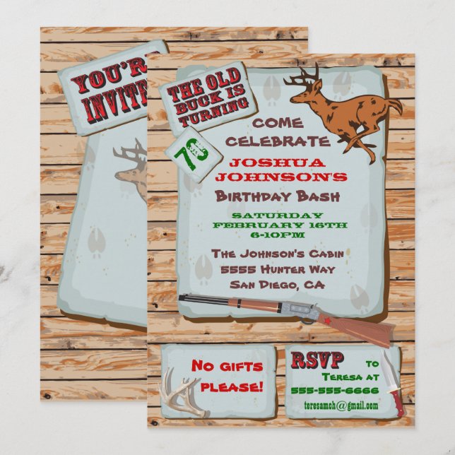 Rustic Old Buck Deer Hunting Birthday Party Invitation (Front/Back)