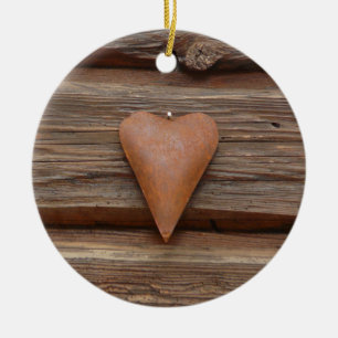 Rustic Old Heart on Log Cabin Wood Ceramic Tree Decoration
