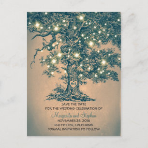 rustic old oak tree lights save the date postcards