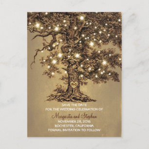 rustic old oak tree lights save the date postcards