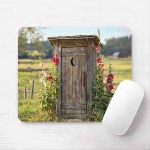 Rustic Old Outhouse with Hollyhocks Mouse Mat