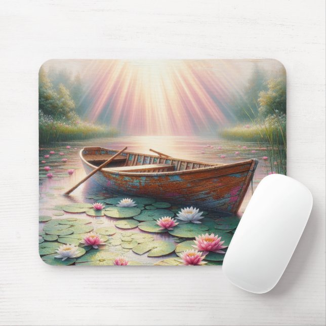 Rustic Old Rowboat In Water Lilies Mouse Mat (With Mouse)