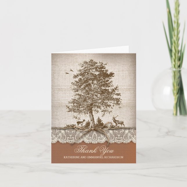 Rustic old tree burlap lace wedding thank you (Front)