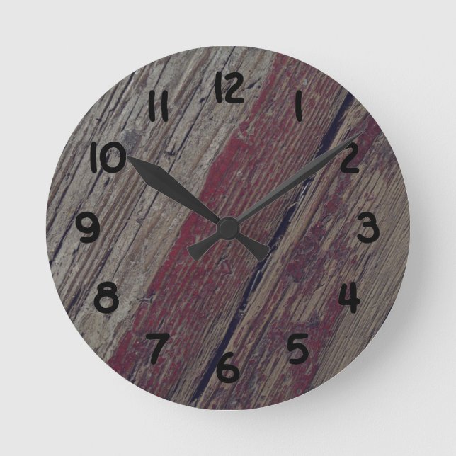 Rustic Old Wood With Red Paint Round Clock (Front)