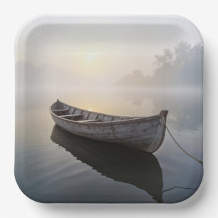 Rustic Old Wooden Rowboat On a Calm Lake Paper Plate