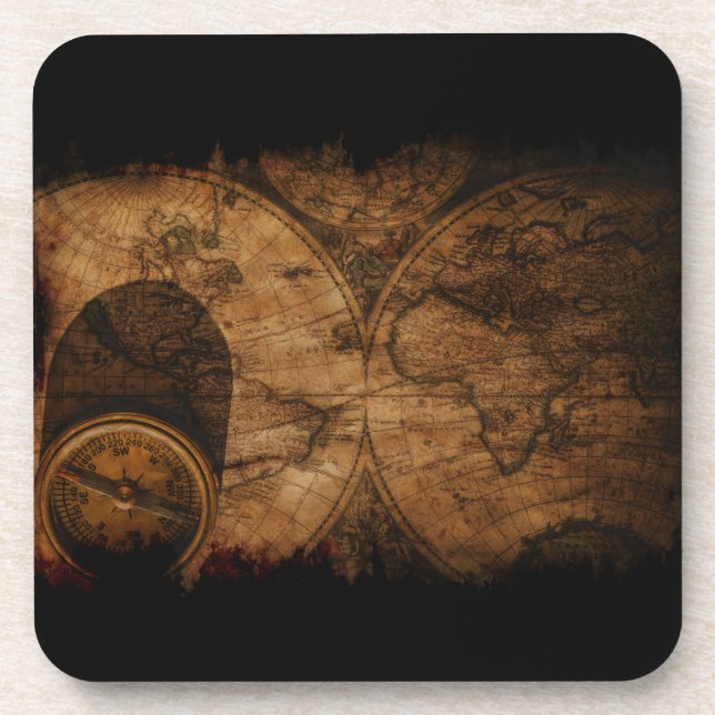 Rustic Old World Map and Compass Coaster (Front)