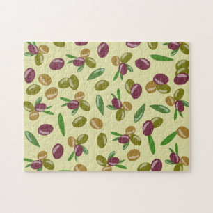 Rustic Olive and Olive Leaves Pattern Jigsaw Puzzle