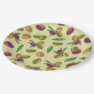 Rustic Olive and Olive Leaves Pattern Paper Plate