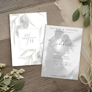 Rustic Olive Branch Black and White Photo Wedding  Invitation