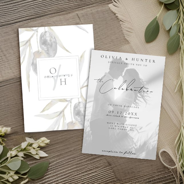 Rustic Olive Branch Black and White Photo Wedding  Invitation (Creator Uploaded)