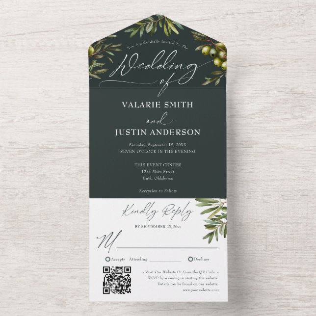 Rustic Olive Branch Dark Green Wedding All In One Invitation (Inside)