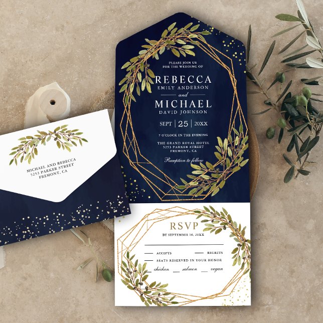 Rustic Olive Branch Gold Frame Navy Blue Wedding All In One Invitation (Creator Uploaded)