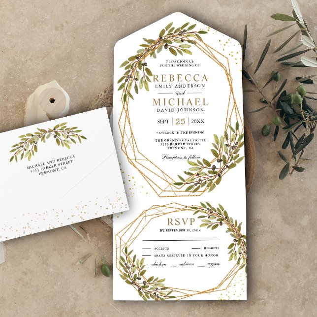 Rustic Olive Branch Gold Geometric Frame Wedding All In One Invitation (Creator Uploaded)