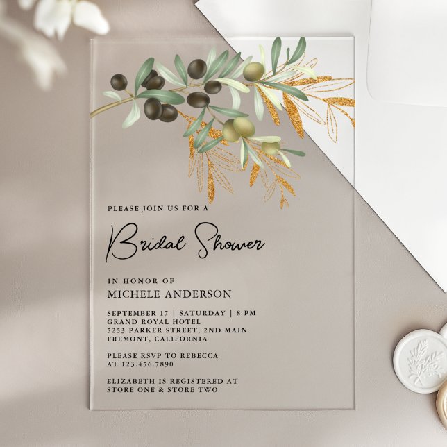 Rustic Olive Branch Leaves Bridal Shower Acrylic Invitations (Creator Uploaded)
