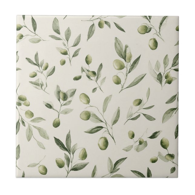 Rustic Olive Branch Mediterranean Pattern Tile (Front)