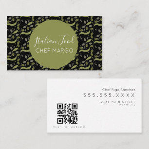 Rustic Olive Branch Pattern Italian Chef Black Business Card