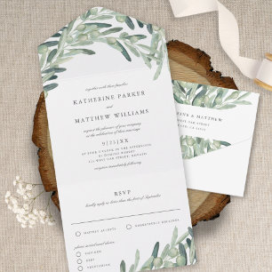 Rustic Olive Branch Watercolor Wedding All In One Invitation