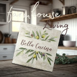 Rustic Olive & Branches Bella Cucina Brown Tile<br><div class="desc">Bella Cucina Rustic watercolor olive bouquet of branches & leaves. Brown script.   Mix & match with other tiles in this same coordinating theme to create your perfect look.   100% customer satisfaction with "Zazzle" every day.</div>
