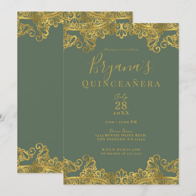 Rustic Olive & Gold Lace Elegant Quinceañera Invitation (Front/Back)
