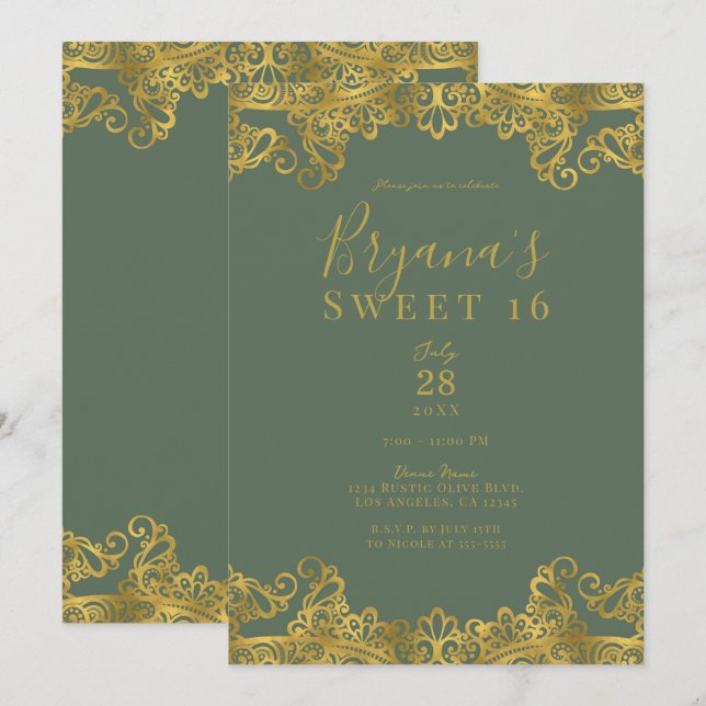 Rustic Olive & Gold Lace Elegant Sweet 16 Party  Invitation (Front/Back)