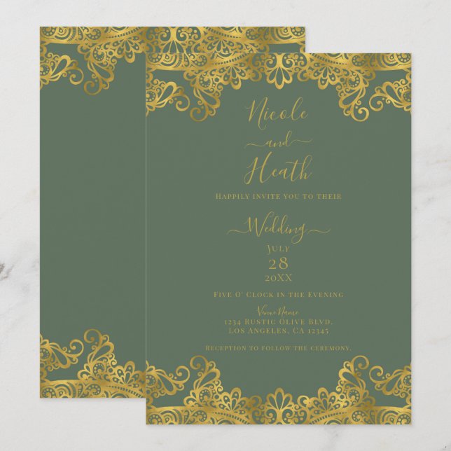 Rustic Olive & Gold Lace Elegant Wedding   Invitation (Front/Back)