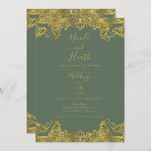 Rustic Olive & Gold Lace Elegant Wedding Invitation