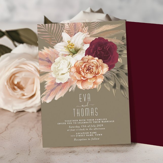 Rustic Olive Green & Burgundy Floral Wedding Invitation (Creator Uploaded)