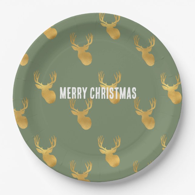 Rustic Olive Green Gold Deer Christmas Paper Plate (Front)