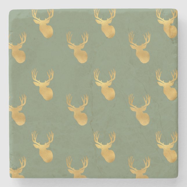 Rustic Olive Green Gold Deer Christmas Stone Coaster (Front)