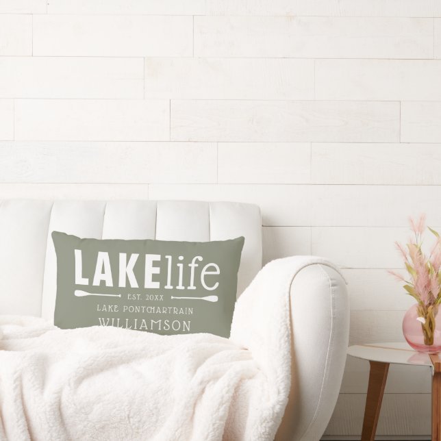 Rustic Olive Green Lake Life Personalised Lumbar Cushion (Couch)