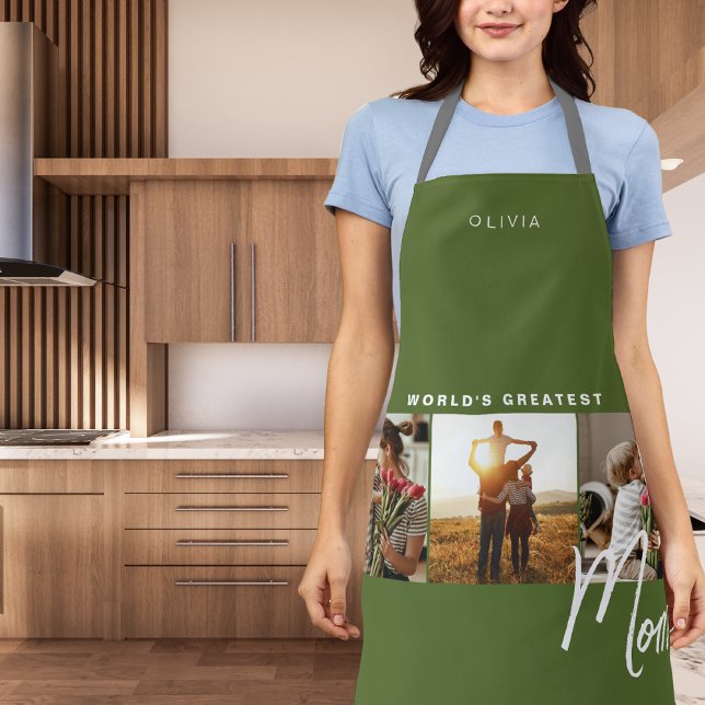 Rustic Olive Green Three Photo Cooking Apron (Creator Uploaded)