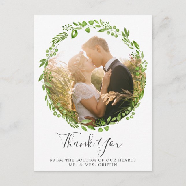 Rustic Olive Leaf Wreath Photo Wedding Thank You Announcement Postcard (Front)