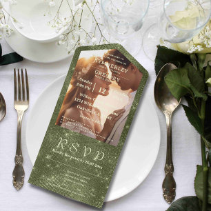 Rustic Olive Sage Faux Burlap Twinkle Stars Photo All In One Invitation