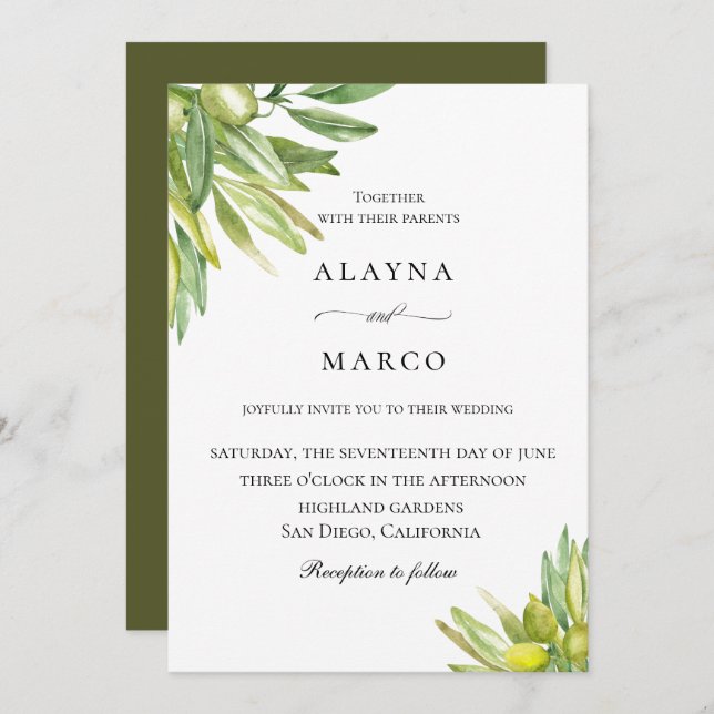 Rustic Olive Tuscan Wedding Invitation (Front/Back)