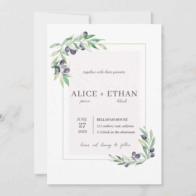 Rustic Olive Watercolor Invitation (Front)
