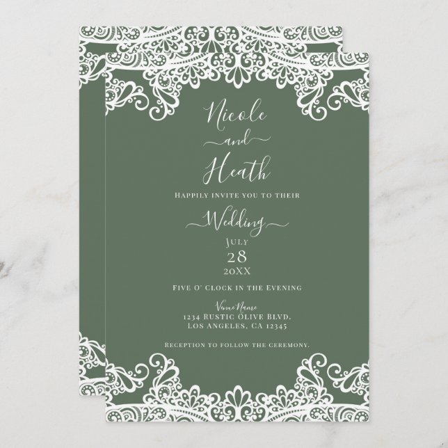 Rustic Olive White Lace Elegant Wedding  Invitation (Front/Back)