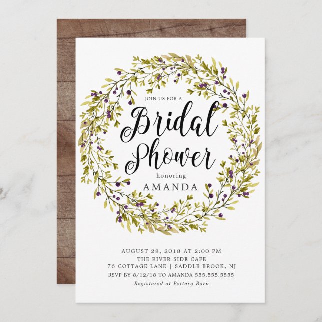 Rustic Olive Wreath Bridal Shower Invitation (Front/Back)