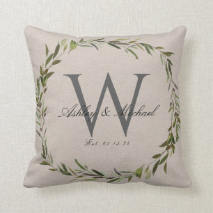 Rustic Olive Wreath Monogram Wedding Keepsake Cushion