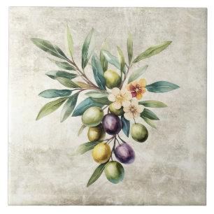 Rustic Olives Vine Blossoms Faux Texture Tile