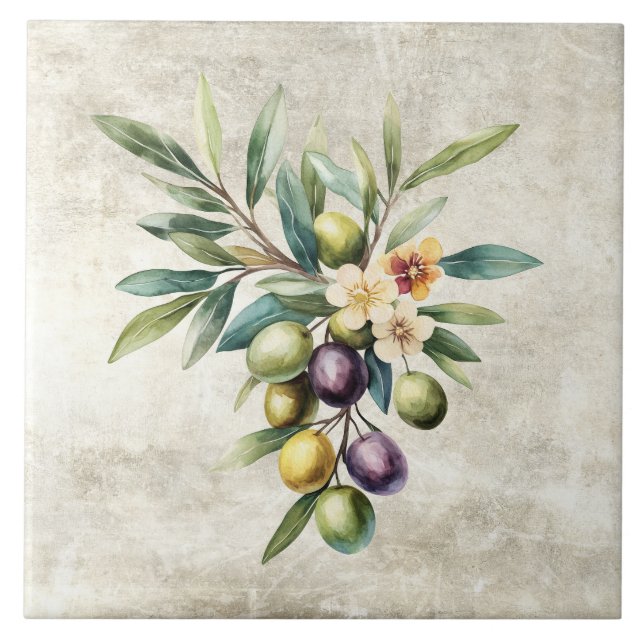 Rustic Olives Vine Blossoms Faux Texture  Tile (Front)