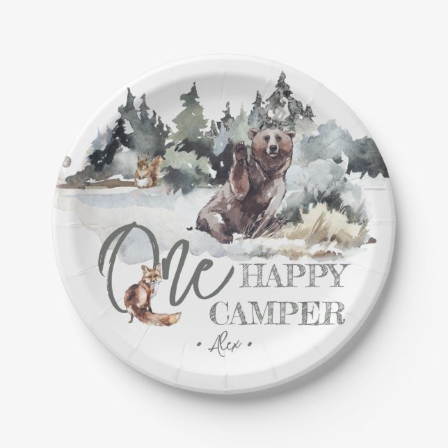 Rustic One Happy Camper Birthday Party Paper Plate (Front)