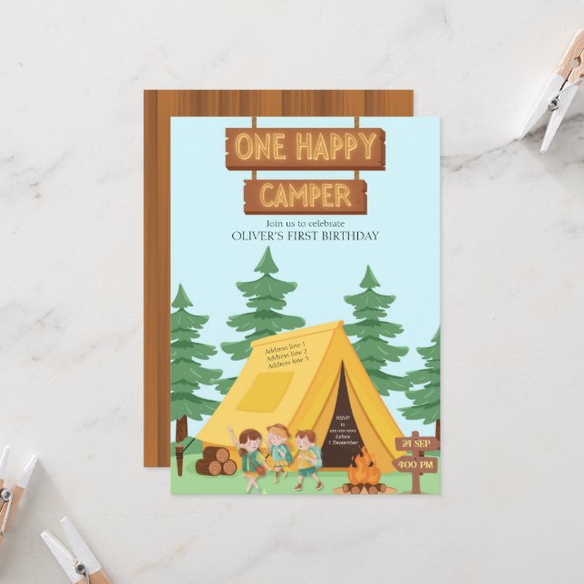 Rustic one happy camper first birthday invitation (Front/Back In Situ)