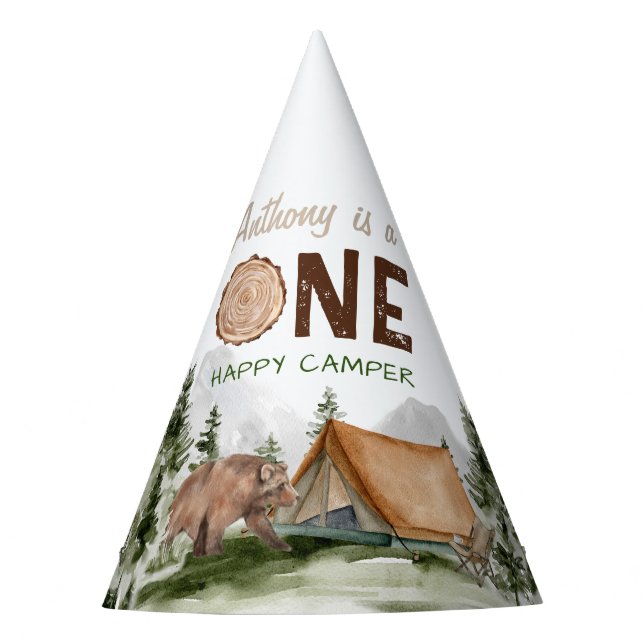 Rustic One Happy Camper Forest Bear 1st Birthday Party Hat (Front)