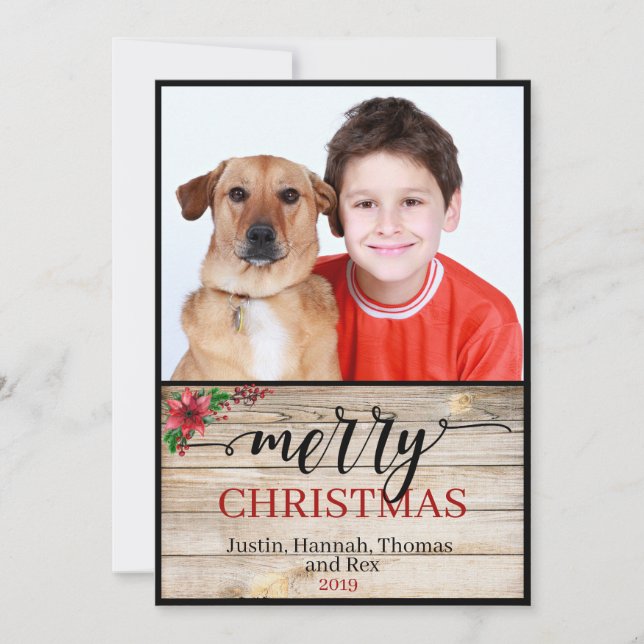 Rustic One Photo Merry Christmas Calligraphy Card (Front)