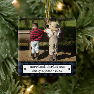 Rustic One Photo Vintage Plaid Custom Christmas Ceramic Ornament