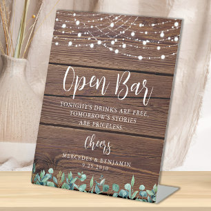 Rustic Open Bar Greenery String Lights Wedding  Pedestal Sign