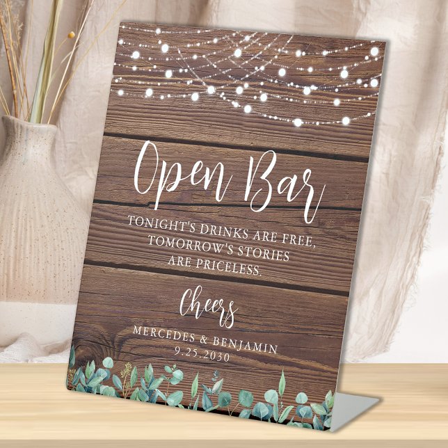 Rustic Open Bar Greenery String Lights Wedding  Pedestal Sign (Creator Uploaded)