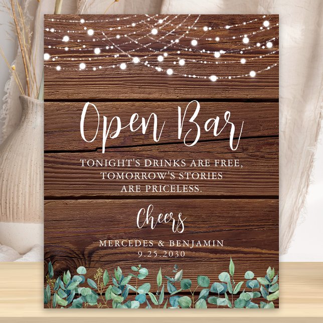 Rustic Open Bar Greenery String Lights Wedding Poster (Creator Uploaded)